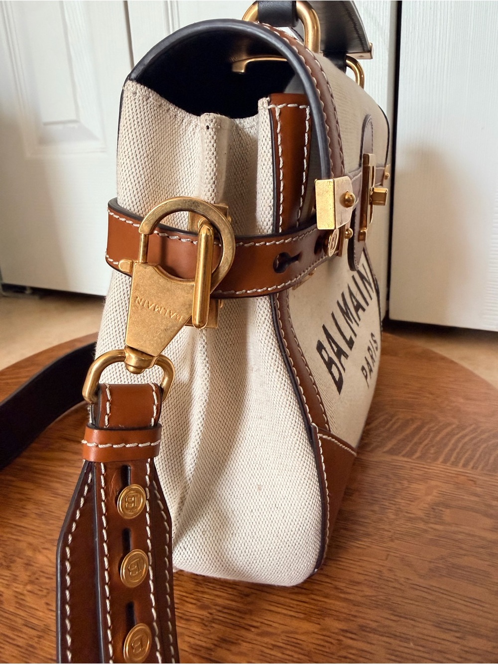 Balmain B-Buzz Cream Canvas and Tan Leather Logo Satchel - Picture 6 of 15